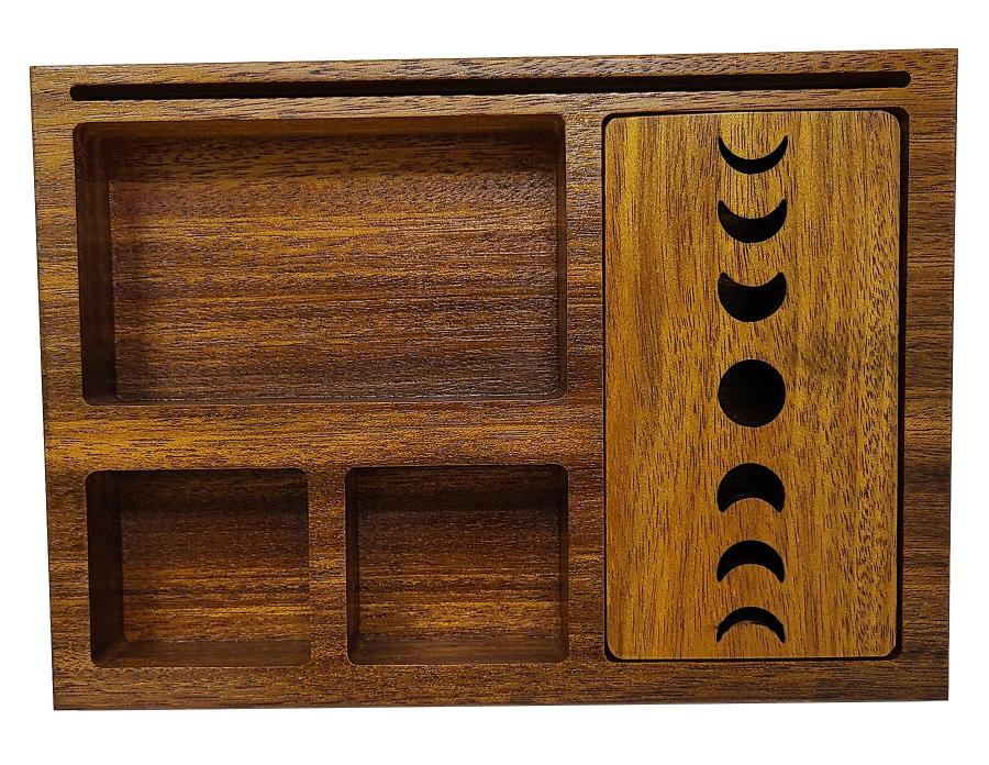 Wooden Tarot Card Holder with Moon Phase Lid Design Storage & Sectionals