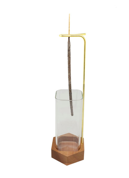 Upside Down Incense Holder with Wooden Base and Glass Ash Catcher