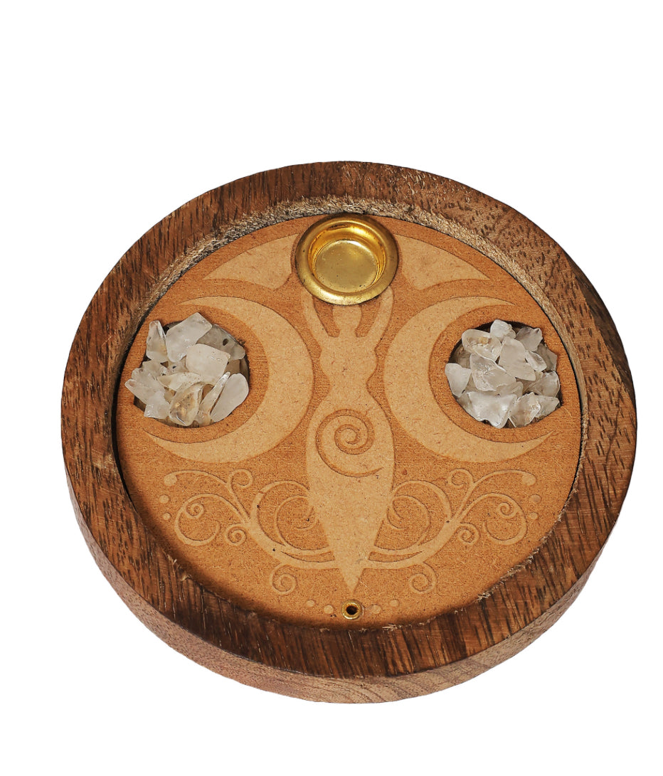 Wood Incense Holder Crystal Quartz Goddess 3"