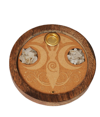 Wood Incense Holder Crystal Quartz Goddess 3"
