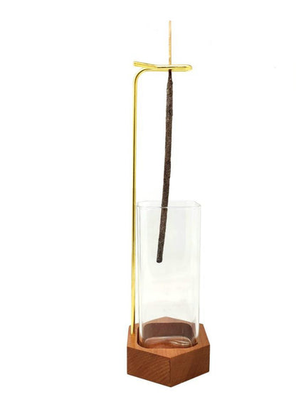 Upside Down Incense Holder with Wooden Base and Glass Ash Catcher
