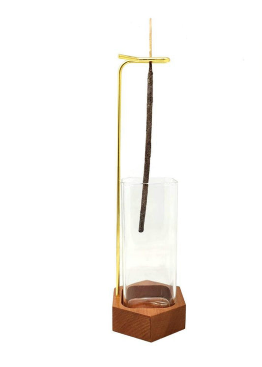 Upside Down Incense Holder with Wooden Base and Glass Ash Catcher