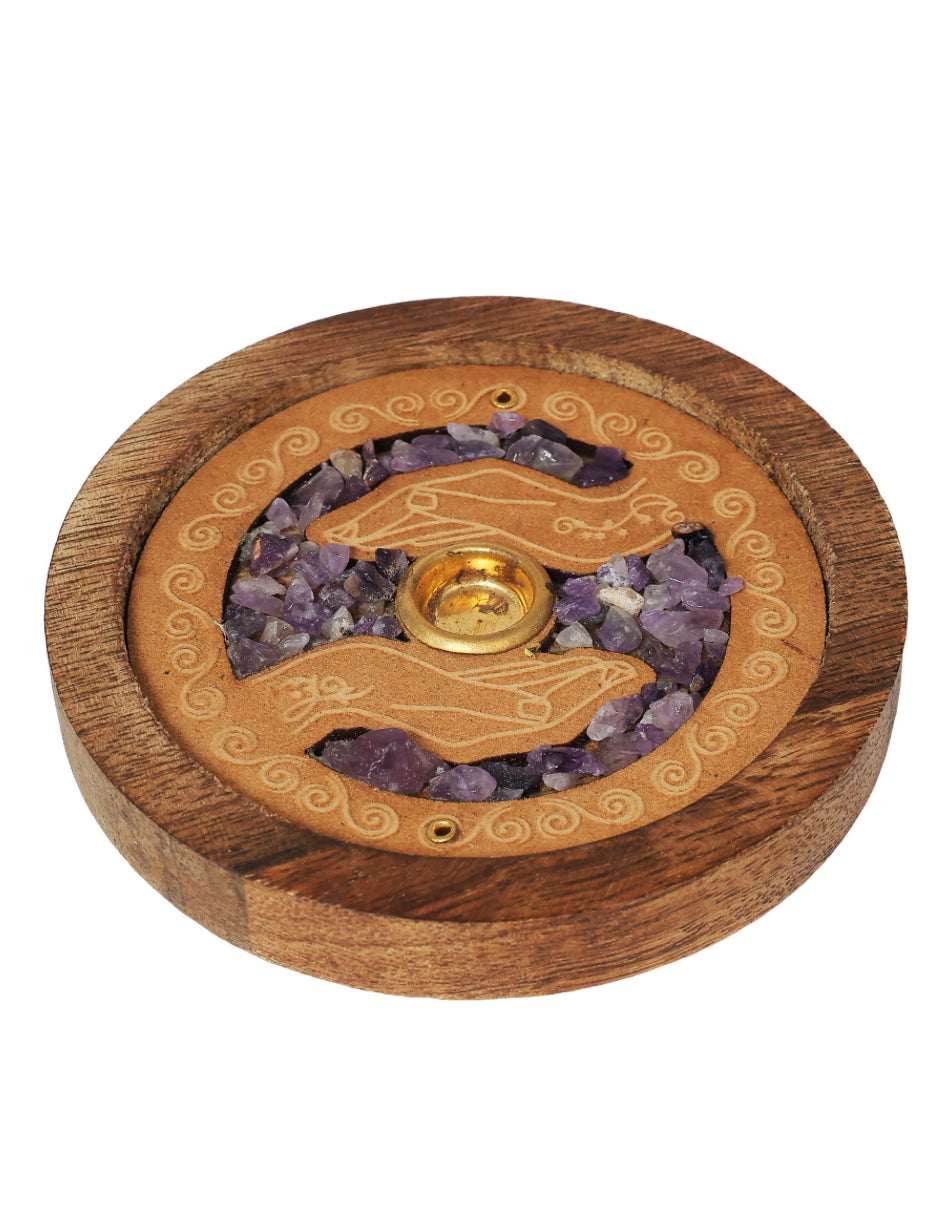W     ood Incense Holder Amethyst Healing Hands 3"
