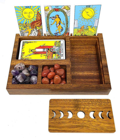 Wooden Tarot Card Holder with Moon Phase Lid Design Storage & Sectionals