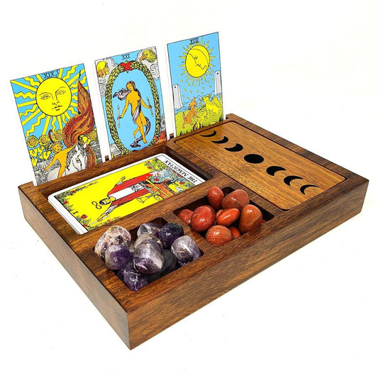 Wooden Tarot Card Holder with Moon Phase Lid Design Storage & Sectionals