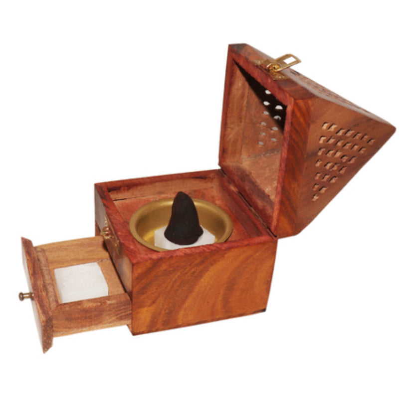 Wooden Pyramid Cone / Charcoal Burner with Storage Net Carving