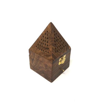 Wooden Pyramid Cone / Charcoal Burner with Storage Net Carving